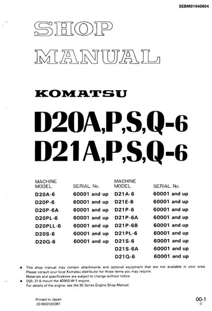 Komatsu D20A-6, D20P-6, D20P-6A, D20PL-6 Dozer Pdf Service Repair Manual