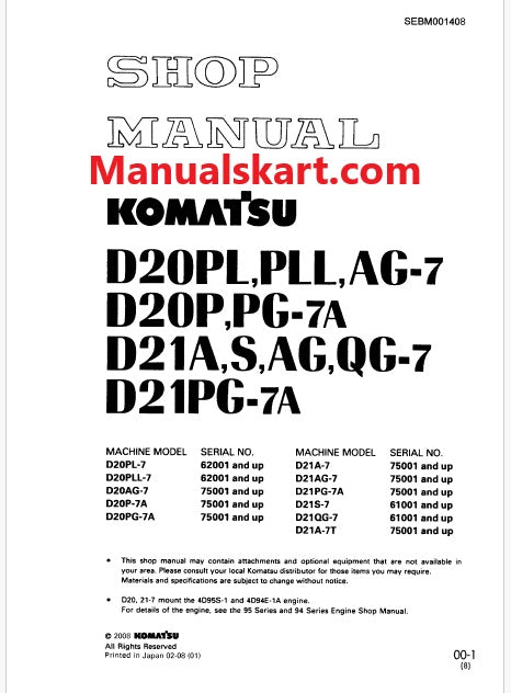 Komatsu D20PL-7, D20PLL-7 Bulldozer Pdf Repair Service Manual Sn 62001 and UP