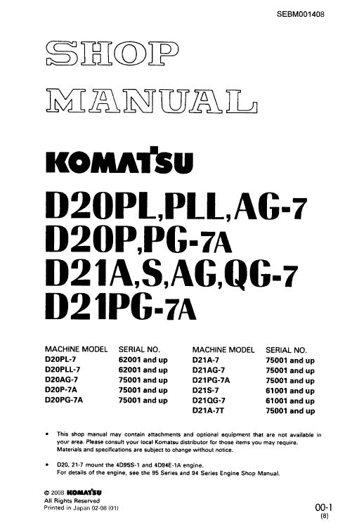 Komatsu D20PL-7, D20PLL-7, D20AG-7, D20P-7, D20PG-7A Dozer Pdf Service Repair Manual