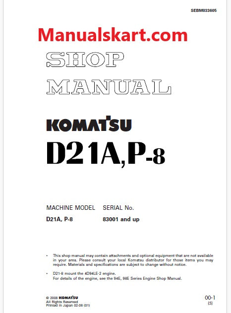 Komatsu D21A-8, D21P-8 Bulldozer Pdf Repair Service Manual Sn 83001 and UP