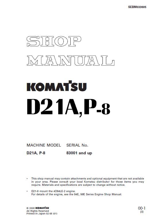 Komatsu D21A-8, D21P-8 Bulldozer Pdf Service Repair Manual (Sn 83001 And Up)