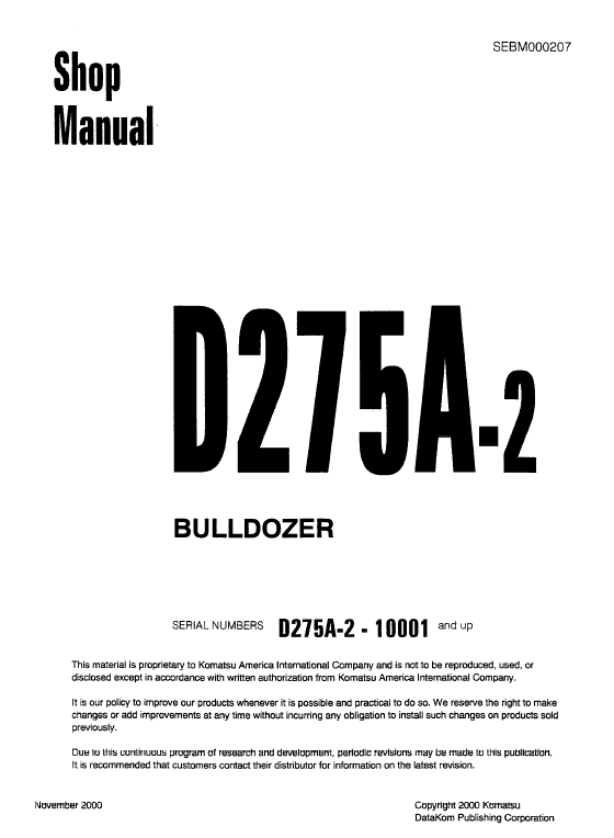 Komatsu D275A-2 Bulldozer Pdf Service Repair Manual Sn 10001 & Up JPN