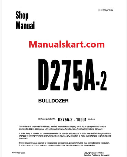 Komatsu D275A-2 Bulldozer Pdf Shop Repair Service Manual Sn 10001 and UP