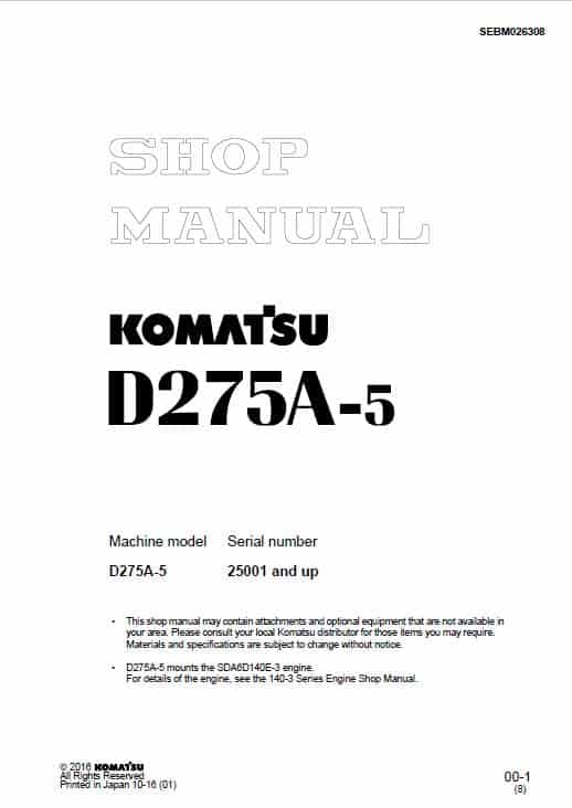 Komatsu D275A-5 Bulldozer Pdf Service Repair Manual (Sn 25001 & Up) JPN