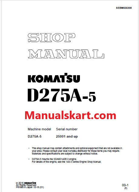 Komatsu D275A-5 Bulldozer Pdf Shop Repair Service Manual Sn 25001 and UP