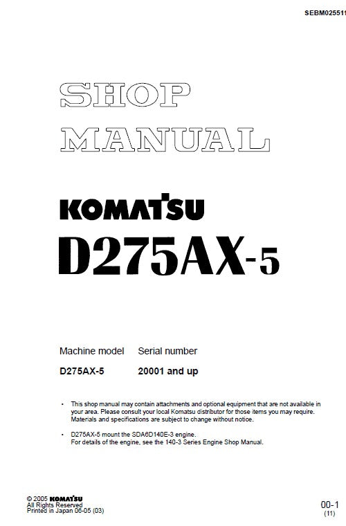 Komatsu D275AX-5 Bulldozer Pdf Service Repair Manual (Sn 20001 & Up) JPN