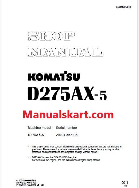 Komatsu D275AX-5 Bulldozer Pdf Shop Repair Service Manual Sn 20001 and UP