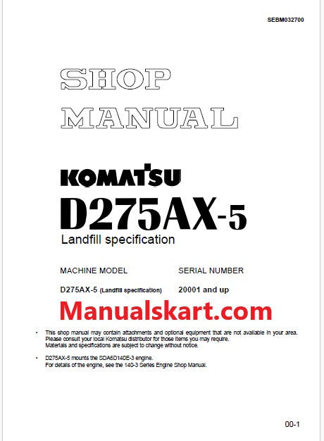 Komatsu D275AX-5 (Landfill specification) Bulldozer Pdf Shop Repair Service Manual Sn 20001 and UP