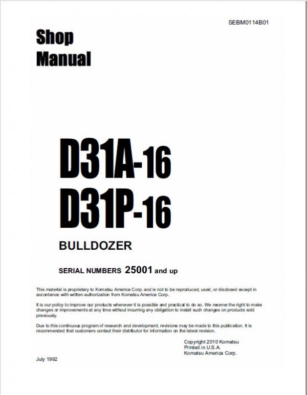 Komatsu D31A-16, D31P-16 Bulldozer Pdf Service Repair Manual (Sn 25001 & Up) JPN