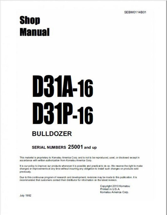 Komatsu D31A-16, D31P-16 Bulldozer Pdf Service Repair Manual (Sn 25001 & Up) JPN