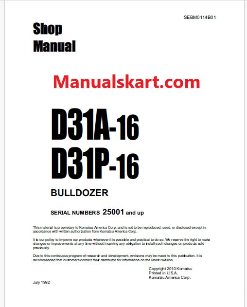 Komatsu D31A-16, D31P-16 Bulldozer Pdf Shop Repair Service Manual Sn 25001 and UP