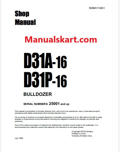 Komatsu D31A-16, D31P-16 Bulldozer Pdf Shop Repair Service Manual Sn 25001 and UP