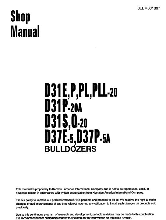 Komatsu D31E-20, D31P-20, D31P-20A, D31PL-20, D31PLL-20, D31S-20, D31Q-20 Bulldozer Pdf Service Repair Manual