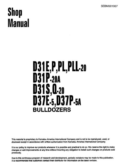 Komatsu D31E-20, D31P-20, D31P-20A, D31PL-20, D31PLL-20, D31S-20, D31Q-20 Bulldozer Pdf Service Repair Manual