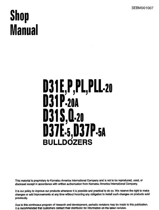 Komatsu D31E-20, D31P-20, D31P-20A, D31PL-20, D31PLL-20, D31S-20, D31Q-20 Bulldozer Pdf Service Repair Manual