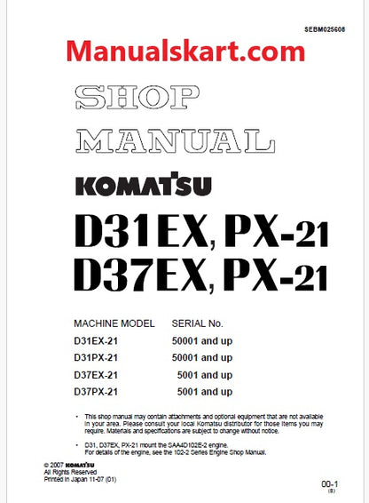 Komatsu D31EX-21, D31PX-21 Bulldozer Pdf Shop Repair Service Manual Sn 50001 and UP (JPN)