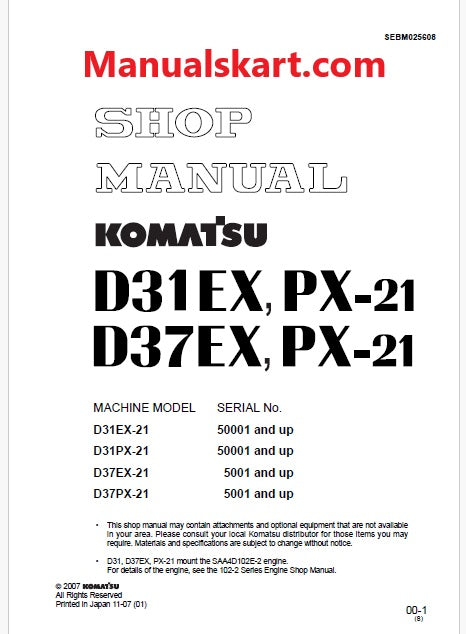 Komatsu D31EX-21, D31PX-21 Bulldozer Pdf Shop Repair Service Manual Sn 50001 and UP (JPN)