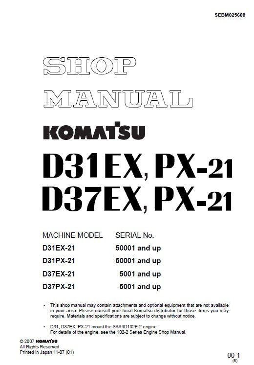 Komatsu D31EX-21, D31PX-21, D37EX-21, D37PX-21 Bulldozer Pdf Service Repair Manual