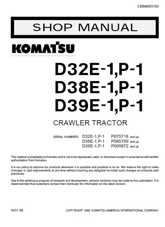 Komatsu D32E/P-1 D38E/P-1 D39E/P-1 Bulldozer Pdf Service Repair Manual