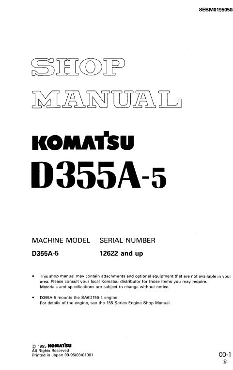 Komatsu D355A-5 Bulldozer Pdf Service Repair Manual (Sn 12622 & Up) JPN