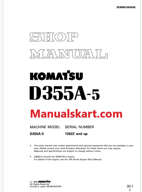 Komatsu D355A-5 Bulldozer Pdf Shop Repair Service Manual Sn 12622 and UP