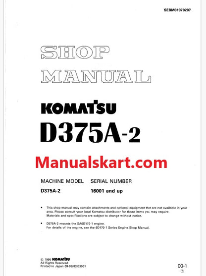 Komatsu D375A-2 Bulldozer Pdf Repair Service Manual Sn 16001 and UP