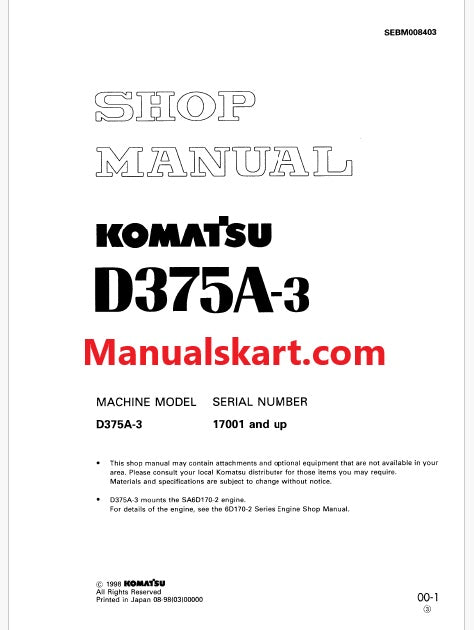 Komatsu D375A-3 Bulldozer Pdf Repair Service Manual Sn 17001 and UP