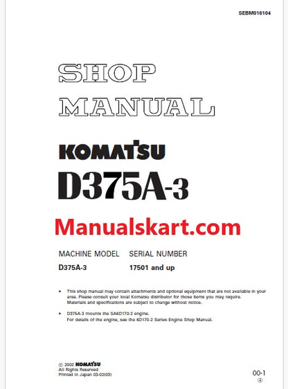 Komatsu D375A-3 Bulldozer Pdf Repair Service Manual Sn 17501 and UP