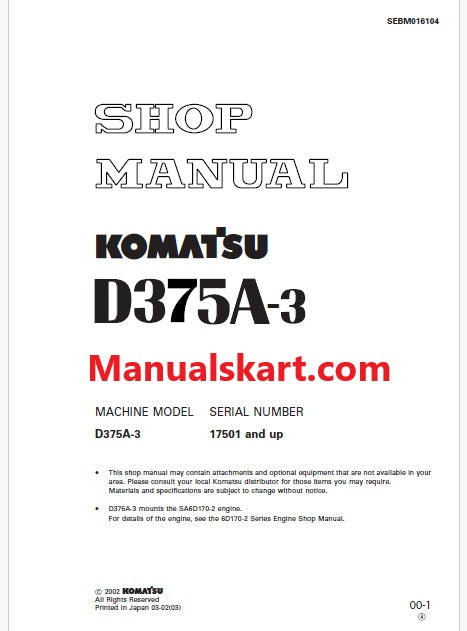 Komatsu D375A-3 Bulldozer Pdf Repair Service Manual Sn 17501 and UP