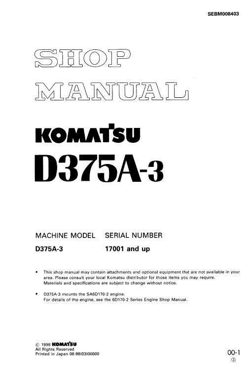 Komatsu D375A-3 Bulldozer Pdf Service Repair Manual (Sn 17001 And Up)