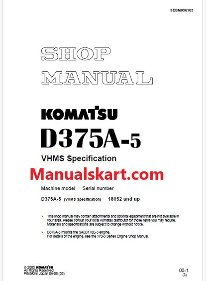 Komatsu D375A-5 Bulldozer ecot3 Pdf Repair Service Manual Sn 18052 and UP