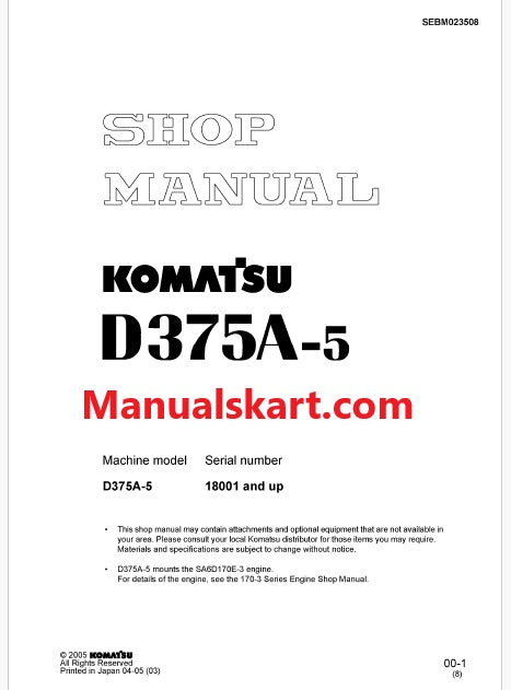 Komatsu D375A-5 Bulldozer Pdf Repair Service Manual Sn 18001 and UP