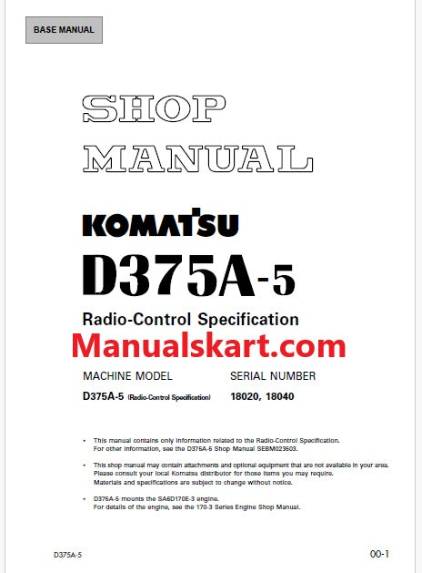 Komatsu D375A-5 Bulldozer Pdf Repair Service Manual Sn 18020 and UP