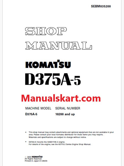 Komatsu D375A-5 Bulldozer Pdf Repair Service Manual Sn 18200 and UP