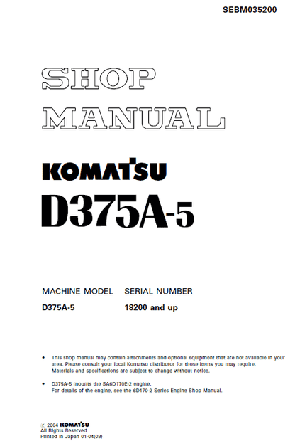 Komatsu D375A-5 D375A-5E0 Bulldozer Pdf Service Repair Manual