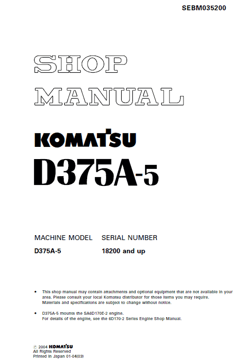 Komatsu D375A-5 D375A-5E0 Bulldozer Pdf Service Repair Manual