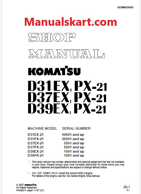 Komatsu D39EX-21, D39PX-21 Bulldozer Pdf Shop Repair Service Manual Sn 1501 and UP