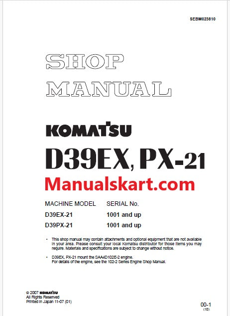 Komatsu D39EX-21, D39PX-21 Bulldozer Pdf Shop Repair Service Manual Sn 1001 and UP