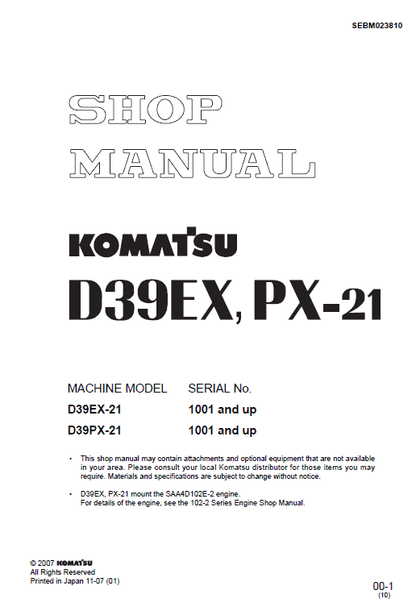 Komatsu D39EX-21, D39PX-21 Dozer Bulldozer Pdf Service Repair Manual