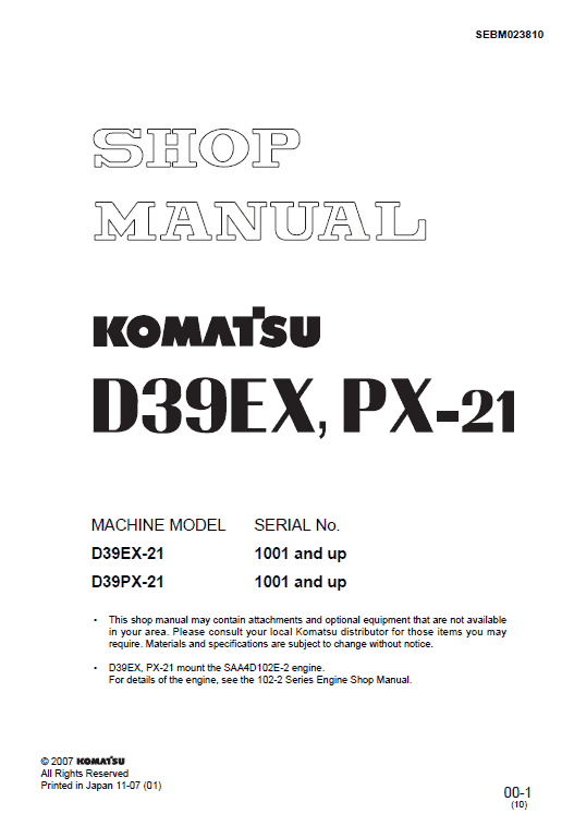 Komatsu D39EX-21, D39PX-21 Dozer Bulldozer Pdf Service Repair Manual