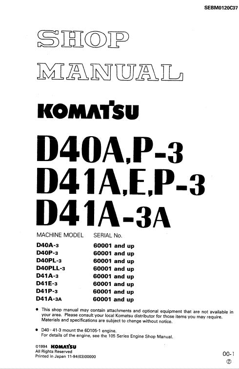 Komatsu D40A-3, D40P-3, D40PL-3, D40PLL-3 Bulldozer Pdf Service Repair Manual