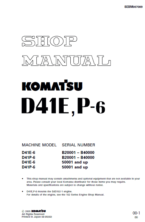 Komatsu D41E-6 D41P-6 Bulldozer Pdf Service Repair Manual