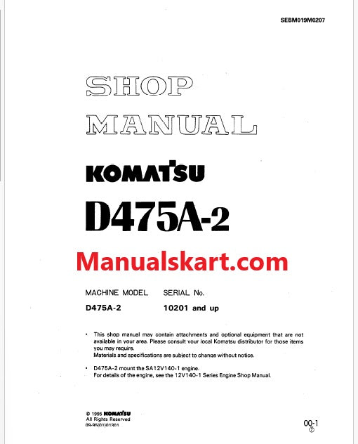 Komatsu D475A-2 Bulldozer Pdf Repair Service Manual Sn 10201 and UP