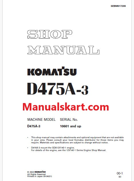 Komatsu D475A-3 Bulldozer Pdf Repair Service Manual Sn 10601 and UP