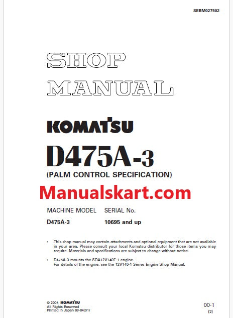 Komatsu D475A-3 Bulldozer Pdf Repair Service Manual Sn 10695 and UP