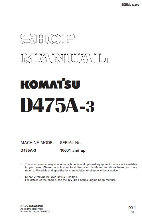 Komatsu D475A-3 Bulldozer Pdf Service Repair Manual (Sn 10601 And UP)