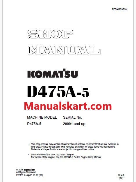 Komatsu D475A-5 Bulldozer Pdf Repair Service Manual Sn 20001 and UP