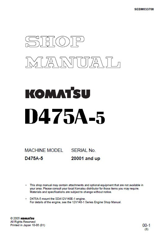 Komatsu D475A-5 Bulldozer Pdf Service Repair Manual (Sn 20001 And Up)