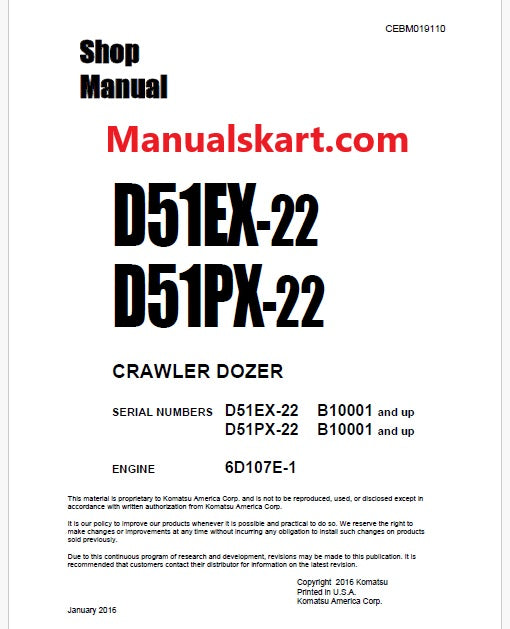 Komatsu D51EX-22, D51PX-22 Bulldozer Pdf Shop Repair Service Manual Sn B10001 and UP