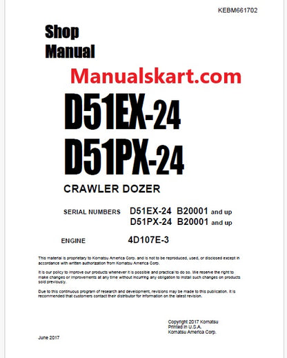 Komatsu D51EX-24, D51PX-24 Bulldozer Pdf Shop Repair Service Manual Sn B20001 and UP